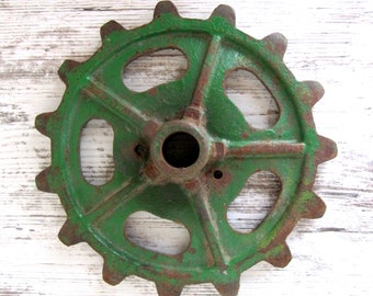 Vintage Green Industrial Iron Gear Wheel