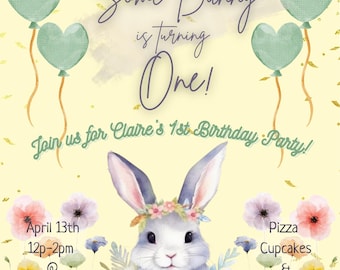 Einige Bunny ersten Geburtstagseinladung, Bunny 1st Geburtstag einladen, Pastell Blumen Bunny Party, bearbeitbarer digitaler Download