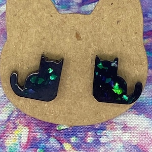 Handmade Black Cat Stud Earrings iridescent