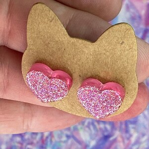 Handmade Sparkle Pink Heart Stud Earrings