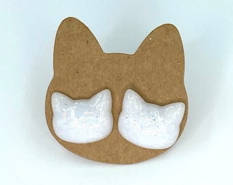 Handmade Iridescent White Cat Head Stud Earrings