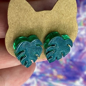 Handmade Green Monstera Leaf Stud Earrings