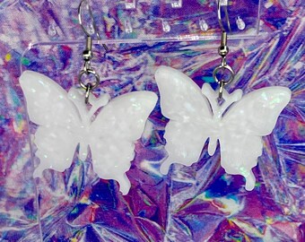 Handmade Butterfly Dangle Earrings White Holographic and Iridescent