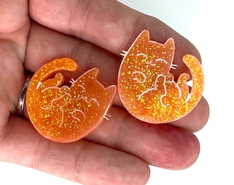 Two Handmade Snow Kitty Magnets Orange