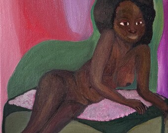 Original Oil Painting | Expressionist Black Woman Art | Reclining Nude Portrait | 24 x 30 cm