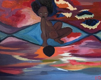 Original Oil Painting: Black Woman Celestial Sunset Figurative Art (30x24cm)