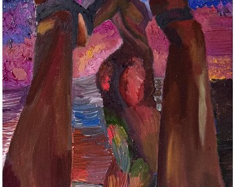 Contemporary Black Woman Portrait | Colourful Sunset Painting | Whimsical Wall Decor