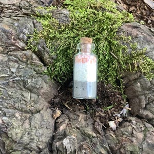 May include: A small, clear glass bottle with a cork stopper, filled with layers of colorful materials. The layers include orange, white, and gray substances. The bottle is set against a backdrop of green moss and rough, textured bark.
