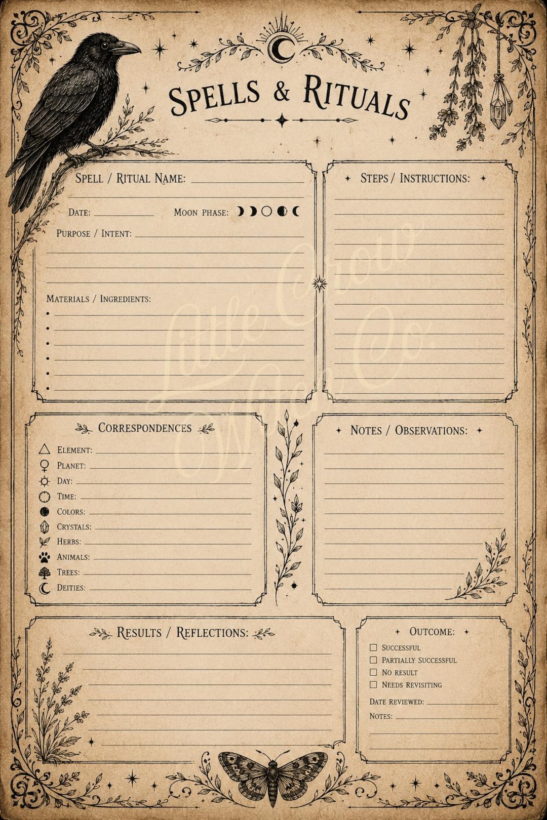Spells & Rituals Grimoire Printable | Crow Witch Book of Shadows Page ...