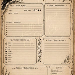 May include: A vintage-style spell and ritual journal with a raven illustration. The journal features sections for spell name, date, ingredients, and notes. Decorative elements include a crescent moon, stars, and a butterfly.