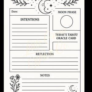 May include: A cream-colored Witch's Daily Journal page with black line art. The top reads "Witch's Daily Journal" with a crescent moon and stars. Sections include "Intentions," "Reflection," and "Notes." There is a section for "Today's Tarot/Oracle Card."