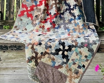 Vintage 1930-40s Country Husband Quilt | Hand Pieced & Hand Quilted Folk Art Quilt | 69” x 87”
