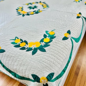 Trapunta vintage con ghirlanda di fiori e bordo a festoni: trapuntatura intricata (74x82 pollici, 1959)
