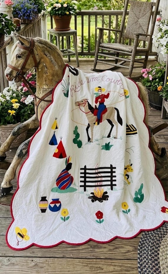 Antique 1950s Cowboy Quilt Folk Art -- Ride ’Em Cowboy Hand Embroidered Quilt - 47" x 64"