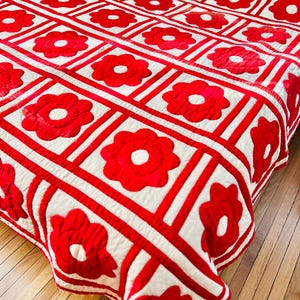 Roses are Red Antique Quilt; circa 1910-1920s, vintage quilt; handmade quilt, hand-stitched quilt; 74&quot; by 78&quot;