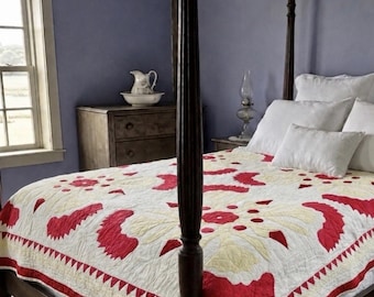 Antieke roos van Saron-quilt ca. 1840 | Met de hand geappliceerd kalkoenrood |  81" x 82"