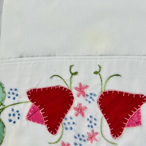 Hand Embroidered and Appliqued Pillow Cases with crocheted border; one pair; vintage pillowcases; cottagecore