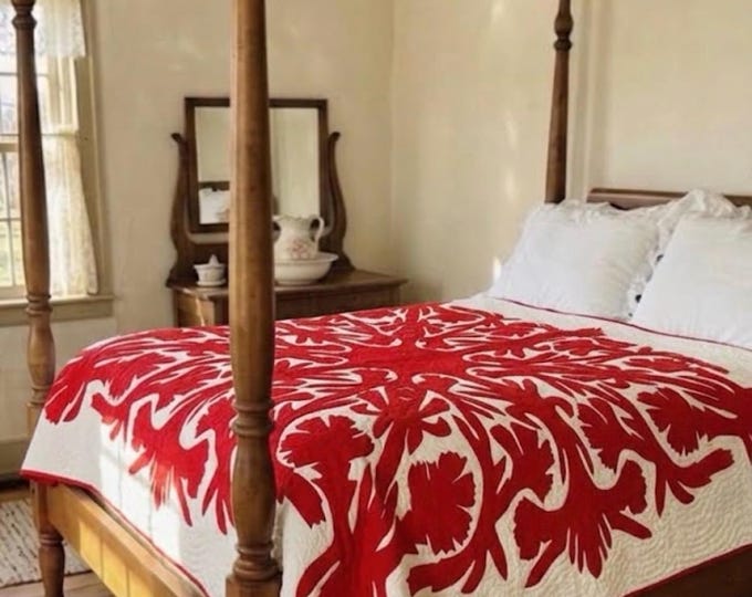 Featured listing image: Vintage 1950s–1960s Hawaiian Carnation/Dianthus Appliqué Quilt - Scarlet Red & White - 84” x 84”