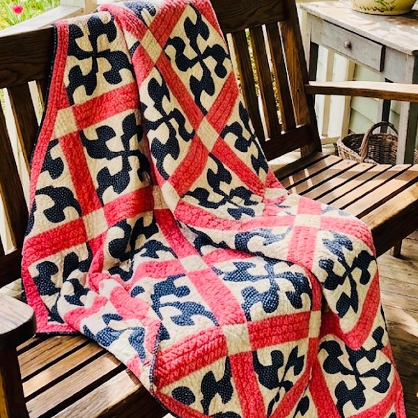 Antique Country Cousin Quilt, c. mid-1800s,  Indigo & Double Pink, 62"x87"
