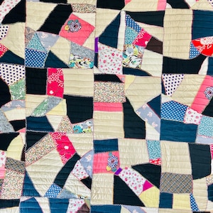 Crazy Quilt vintage quilt; circa 1930s-1940s; vintage quilt; hand embroidered; hand pieced; hand quilted; cottagecore; 62&quot; by 76&quot;