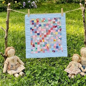 Vintage 1920s–1930s Miniature Postage Stamp Doll Quilt | Tiny 1/2" Squares | 13" x 14"
