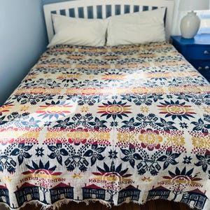 William McClellan Antique Pre-Civil War Jacquard woven coverlet, dated 1839. Blue, red, and gold, antique coverlet