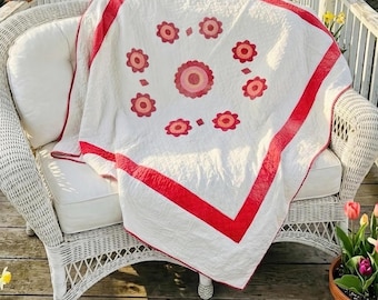 Antieke Engelse rozenquilt, circa 1870-1890, handgemaakt; 72 x 77"