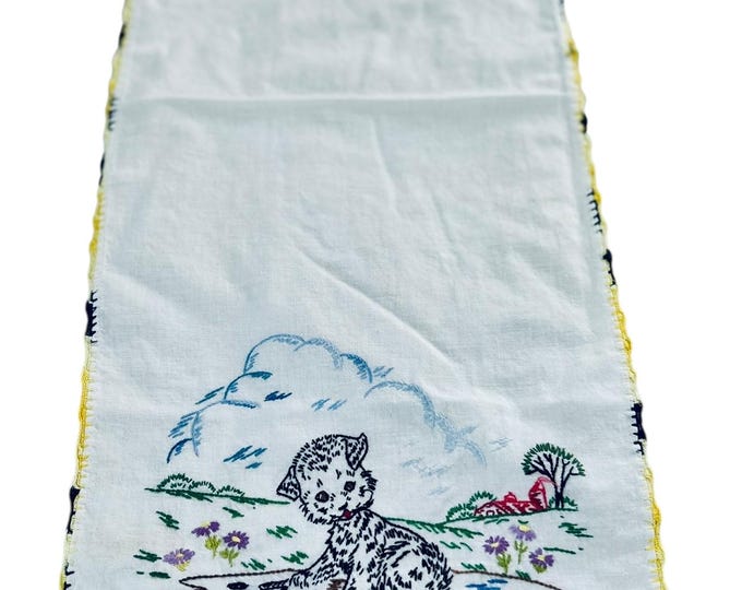 Hand Rummer Vintage Hand-embroidered Puppy Table Runner With Tatted Border; 1950s ...