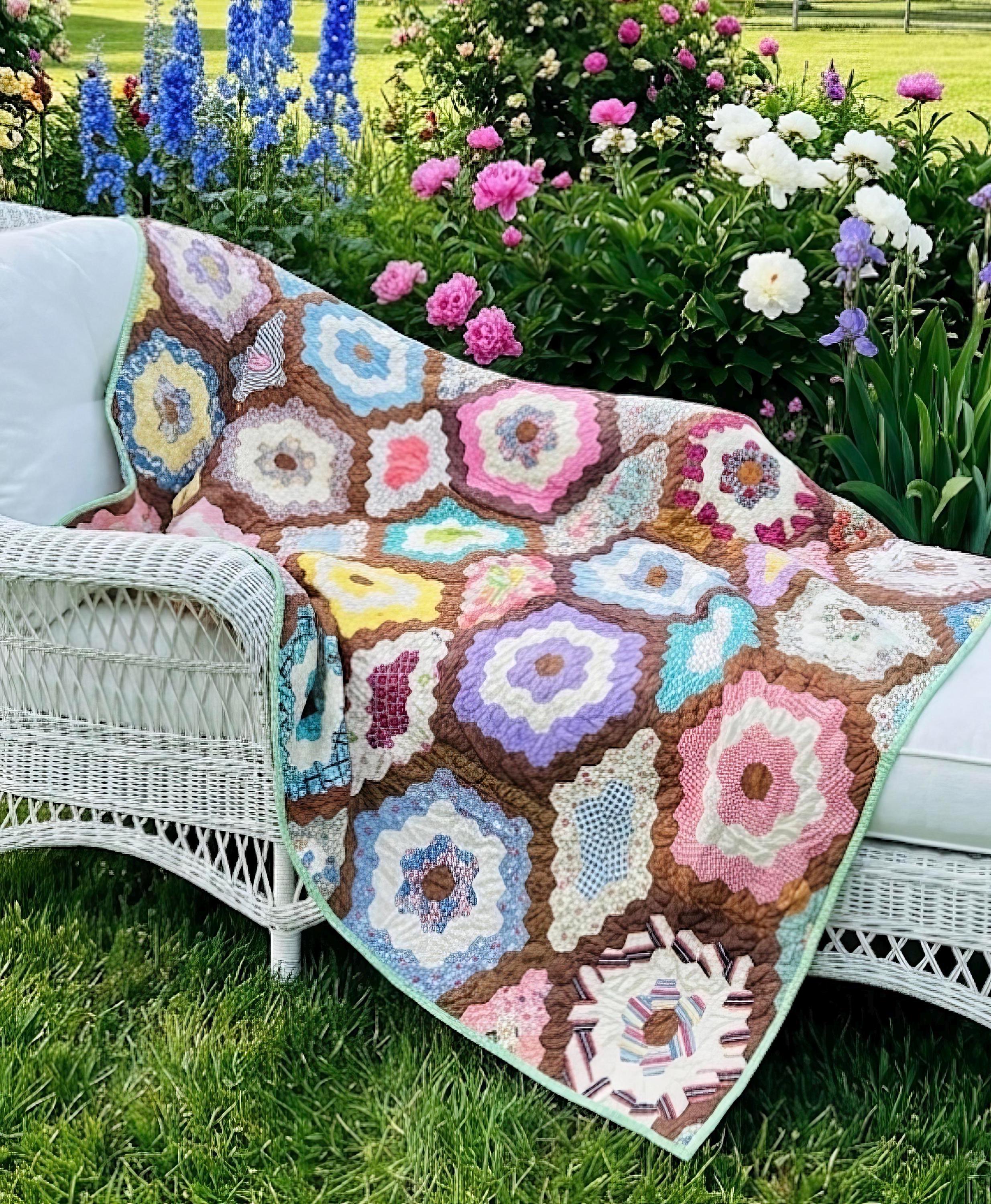 アンティークキルトトップ　フラワーガーデン Antique quilt grandmothers flower garden - Etsy 日本