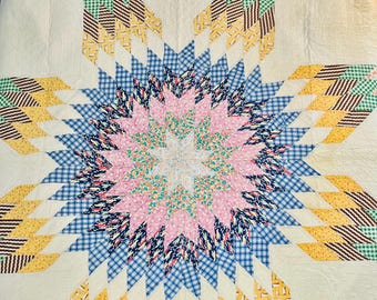 Vintage 1930s Lone Star Quilt - Hand-Quilted Pastel Feedsack Fabric (78x81)