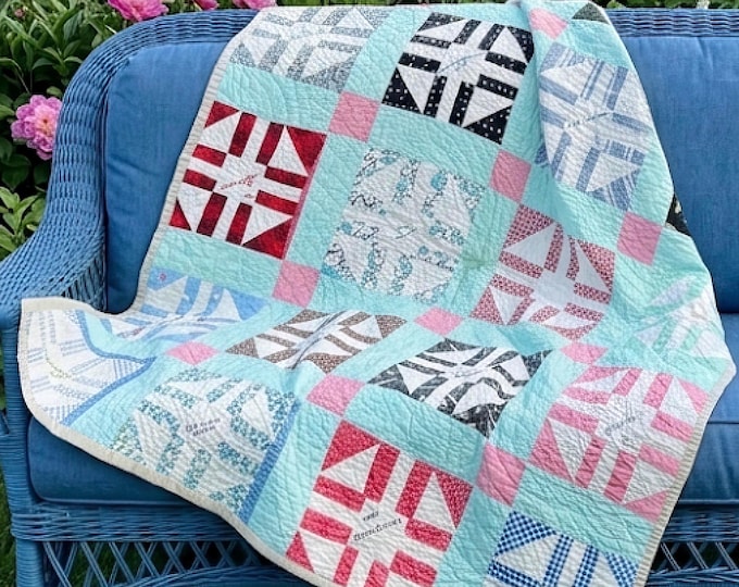 Featured listing image: Vintage 1958 Signature Algonquin Charm Quilt – Hand Quilted Aqua/Mint Green – 62” x 79”