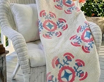 Antieke Lancaster rozenquilt, circa 1860-1880, handgemaakt; 58 x 76"