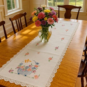Hand Embroidered Basket of Flowers Linen Table Runner with Lace Border; vintage table runner; circa 1940s,  cottagecore; 16.5&quot; by 41.5&quot;