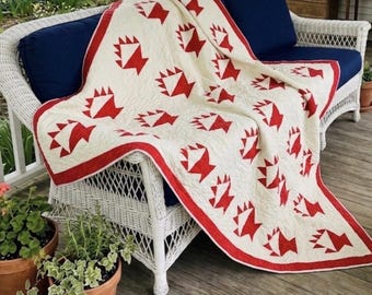 Antieke rode en witte mandquilt – handapplicatie – eind 19e eeuw – 73 x 75 inch