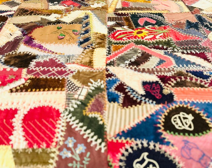 Featured listing image: Exceptional Antique Crazy Quilt; 1890-1910; signed "D.K.B."; hand-embroidered; 66"x68"