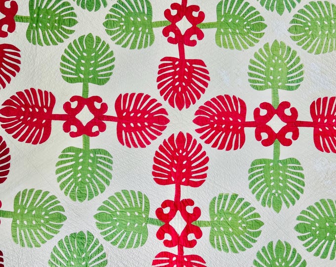Featured listing image: Split Leaf PhilodendronAntique Quilt with elaborate vine border; circa 1890-1905, Vintage quilt; handmade, hand-stitched quilt;