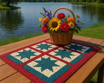 Camino de mesa vintage con estrella de ocho puntas, cosido a mano, estilo cottagecore