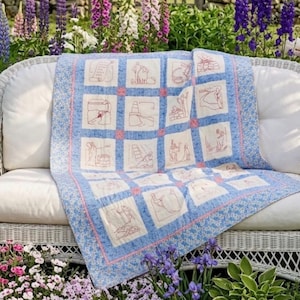 Historic 1927 Biblical Redwork Quilt – Begun at Age 9, Finished at Age 100 – 51” x 72”