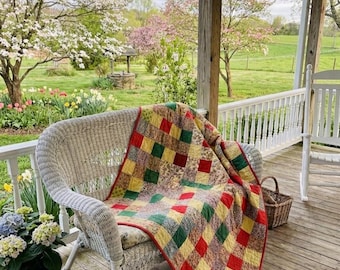 Vintage 1940s Patchwork Mid Century Scrap Quilt; Cozy Cottage Farmhouse Decor; 65" x 74"