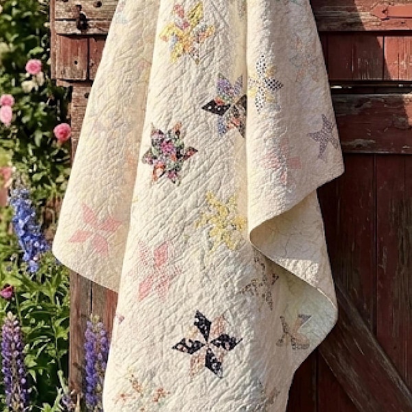 Vintage 1930s LeMoyne Star Cutter Quilt  – Hand Pieced & Hand Quilted – Feed Sack Fabrics – 64” x 72”