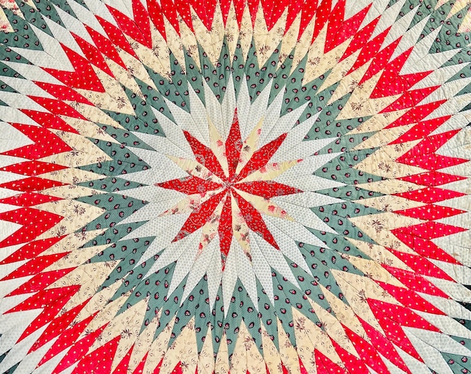 Featured listing image: Rare Exceptional Antique Starburst Quilt with Chintz back, 1870s, exquisite quilt; 84"x88"