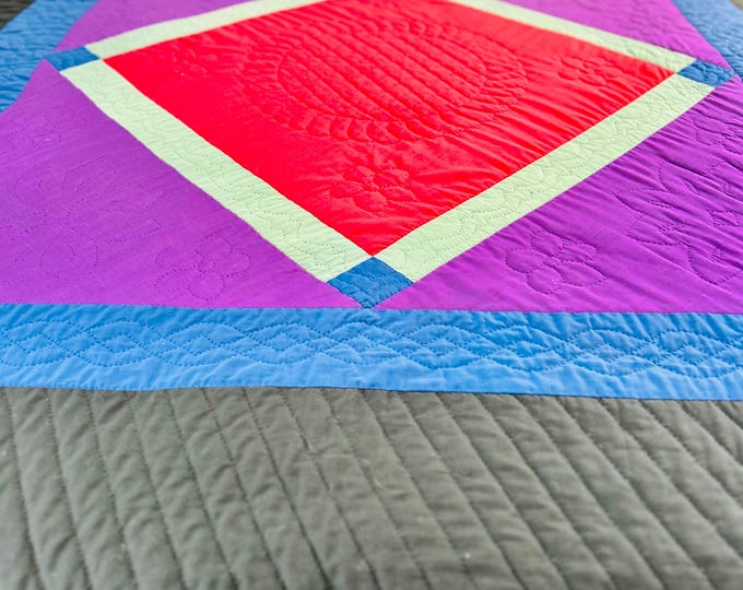 Featured listing image: Vintage Amish Center Diamond Quilt, handmade; hand quilted; circa 1940s; 65" x 85"