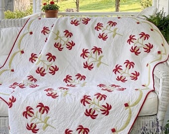 Antieke papegaaitulpquilt: handgestikte bloemapplicatie, jaren 1870 (90 x 92")