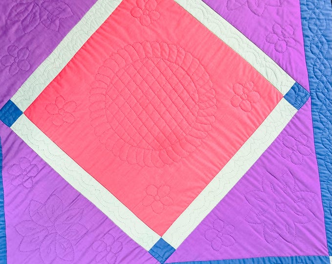 Featured listing image: Vintage Amish Center Diamond Quilt, handmade; hand quilted; circa 1940s; 65" x 85"