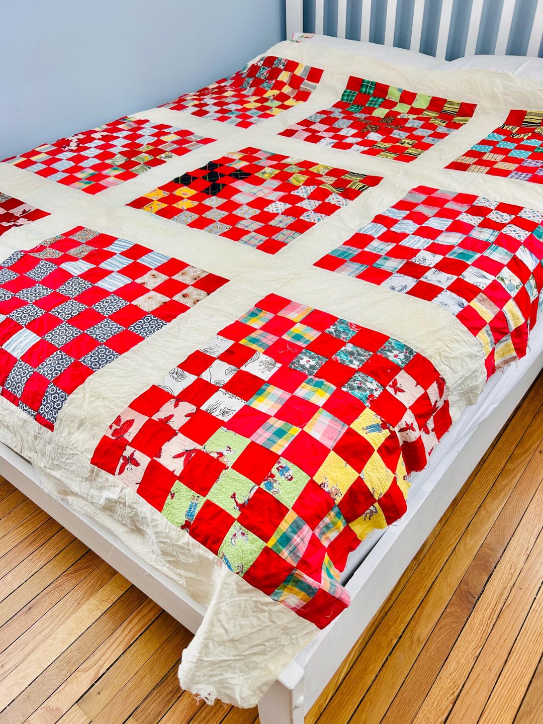 Vintage 1950s Scrappy Nine-patch Quilt Top - Includes Feedsack Fabrics ...
