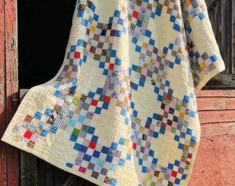 Vintage Scrappy Triple Irish Chain Quilt, 1940-1950s; hand-quilted; 70"x83"