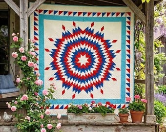 Stella unica a 16 punte nei colori rosso, bianco e blu - Americana patriottica vintage - 88" x 88"