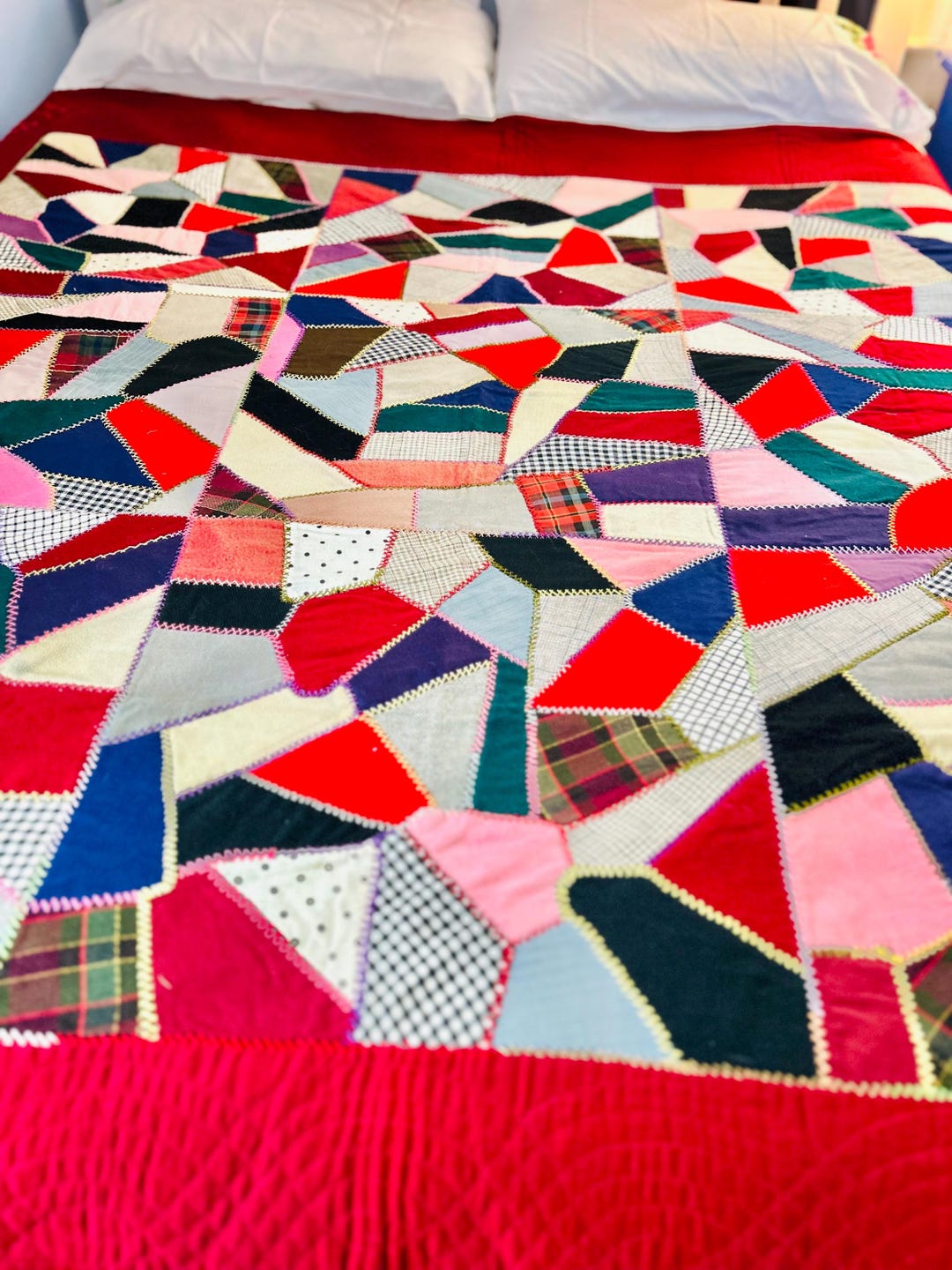 アンティークウールクレイジーキルト、HMH署名、1900-1910年頃 - Etsy 日本