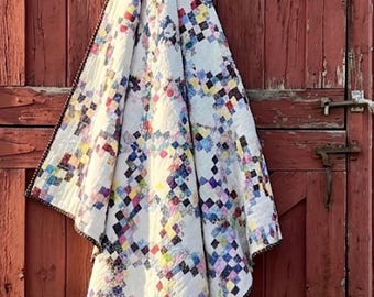 Vintage Scrappy Triple Irish Chain Quilt, 1940s; hand-quilted; 64"x76"