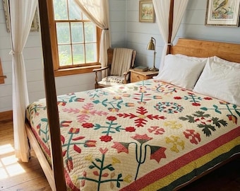 May include: A bedroom with a four-poster bed featuring a colorful quilt. The quilt has a cream background with red, pink, green, and yellow floral patterns. The room has light blue walls, wooden floors, and sheer white curtains.